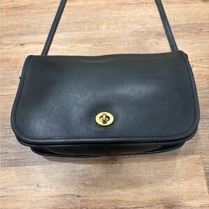 COACH Black Leather Crossbody Bag with Gold Turn Lock Clasp 1970s Vintage 0135